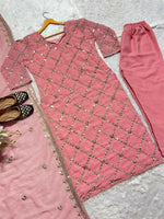 Thumbnail for Preksha Creation Indian Festival Special Women Faux Georgette Sequence Embroidered Work Top And Pant With Dupatta - Pink - Distacart