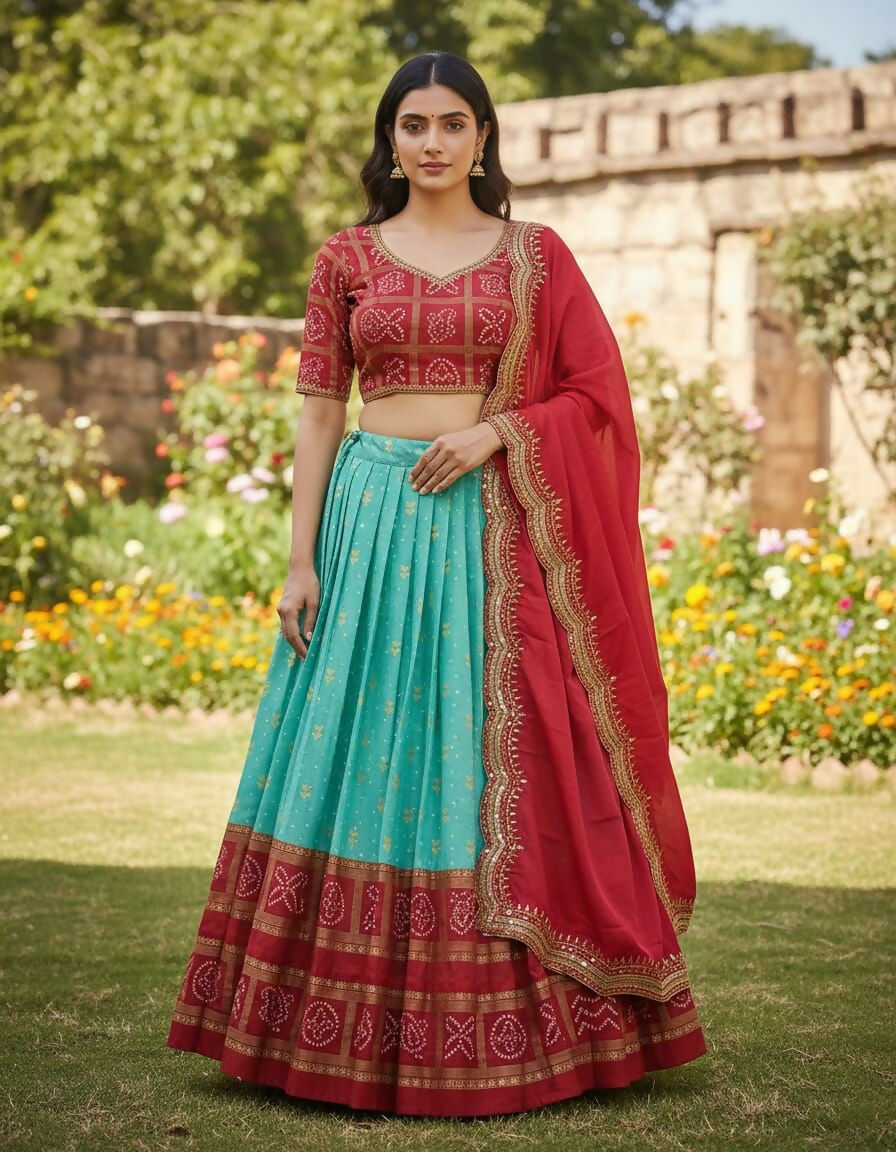 Teeya Creation New Latest Trendy Heavy Foil Print Work Lehenga Choli Set - Aqua-Blue - Dista