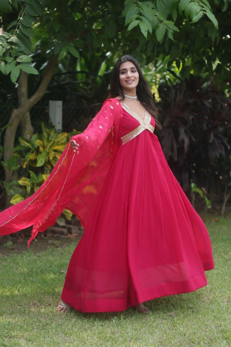 Jyoti Fashion Women's Rani Pink Faux Blooming Sequins Zari Embroidered Anarkali Dress with Dupatta - Distacart