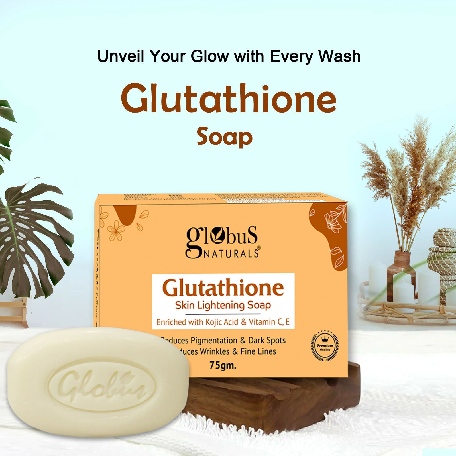 Globus Naturals Glutathione Skin Lightening Soap Enriched with Kojic Acid & Vitamin C, E, Reduces Dark Spots, Wrinkles & Fine Lines