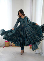 Thumbnail for Teeya Creation Teal Color Mal Chanderi Silk Hand Embroidery Work Long Gown - Distacart