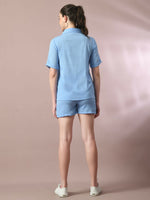 Thumbnail for Myshka Women's Blue Solid Shirt Collar Party Shirt With Shorts Co-ord set - Distacart