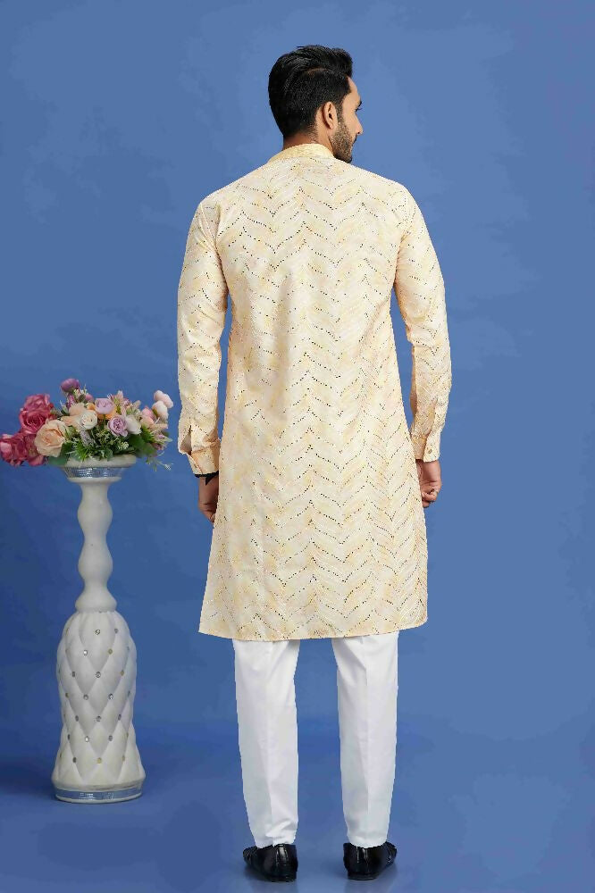 Raivat Ethnic Cotton Embroidery Kurta Pajama In Yellow Colour - Dista