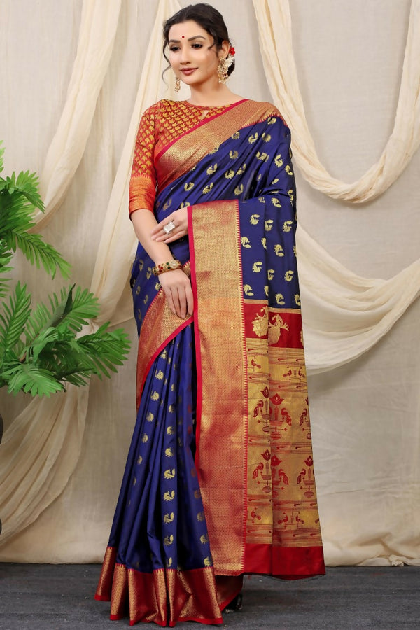 Jyoti Fashion Women's Navy Blue Banarasi Silk Zari Woven Saree with Blouse - Distacart