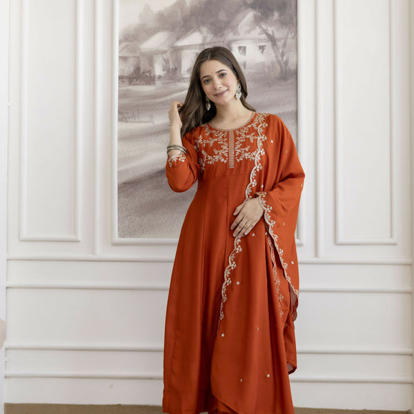 The52 Orange Women's Beautiful Vichitra Silk Fabric Embroidered Work Flared Anarkali Pant and Dupatta Set