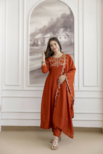 The52 Orange Women's Beautiful Vichitra Silk Fabric Embroidered Work Flared Anarkali Pant and Dupatta Set - Distacart
