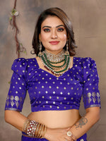 Thumbnail for Joban Fashion Indigo Blue Floral & Botanical Motifs Satin Silk Banarasi Silk Saree - Distacart