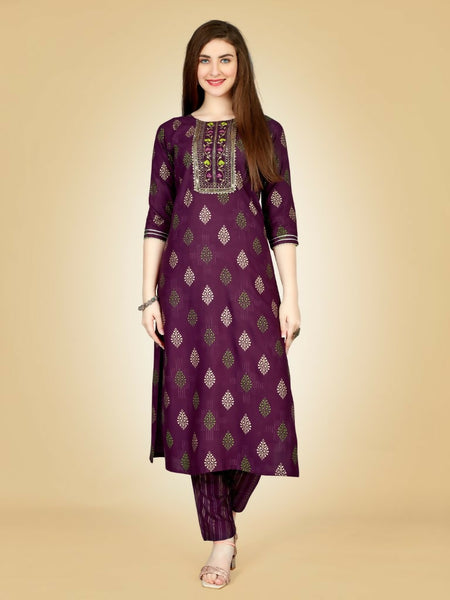 Jyoti Fashion Women's Wine Viscose Rayon Embroidered Kurta Pant Set - Distacart