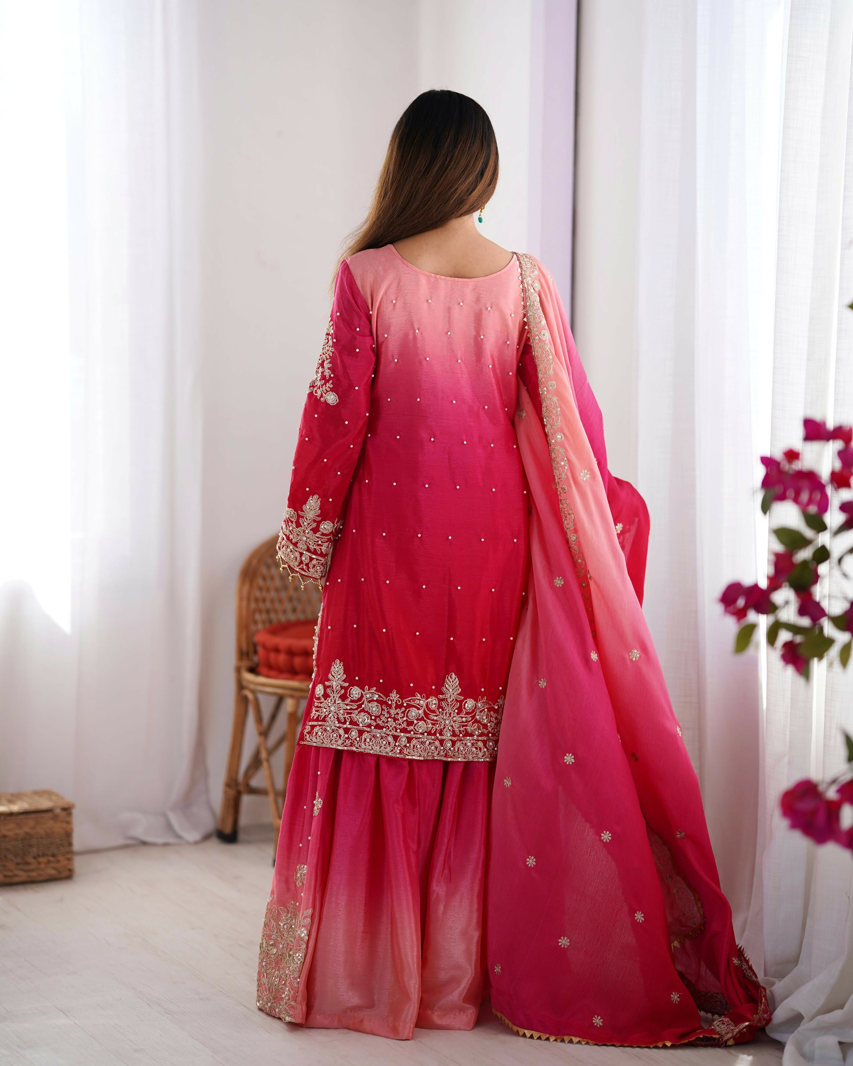 Joban Fashion Pink Palazzo Chinon silk Coding Dori with Sequence with Rivet Moti