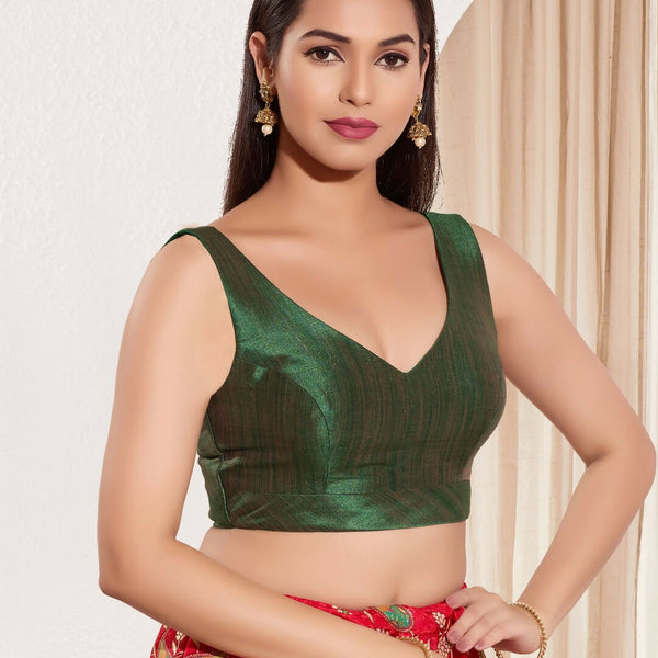 Joban Fashion Dark Green Mulberry Silk Padded Blouse With Round Neck Sleeveless