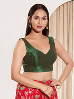 Thumbnail for Joban Fashion Dark Green Mulberry Silk Padded Blouse With Round Neck Sleeveless
