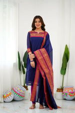 Thumbnail for Divine Drape Women's Cotton Printed Straight Kurta With Dupatta - Blue