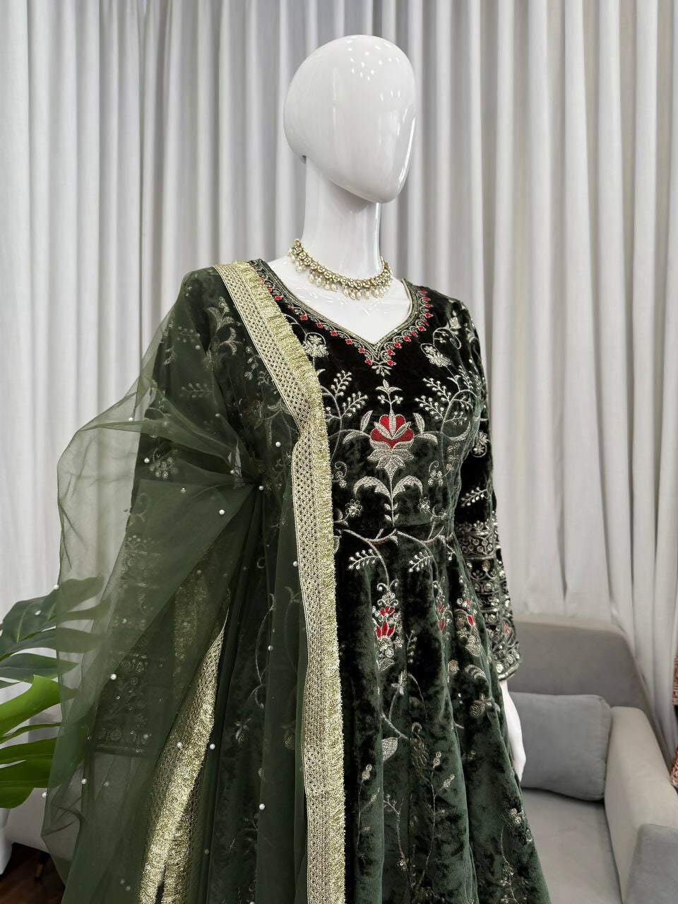 Vastranavya Mehendi Viscose Velvet Thread Sequence Work Top-Bottom With Dupatta