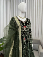 Thumbnail for Vastranavya Mehendi Viscose Velvet Thread Sequence Work Top-Bottom With Dupatta