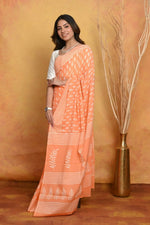 Thumbnail for Very Much Indian Handblock Printed Cotton Saree With Natural Dyes - Light Peach - Distacart