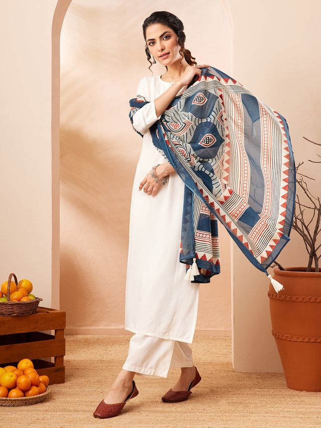 Janasya Off White Straight Rayon Kurta,Bottom & Dupatta - Dista