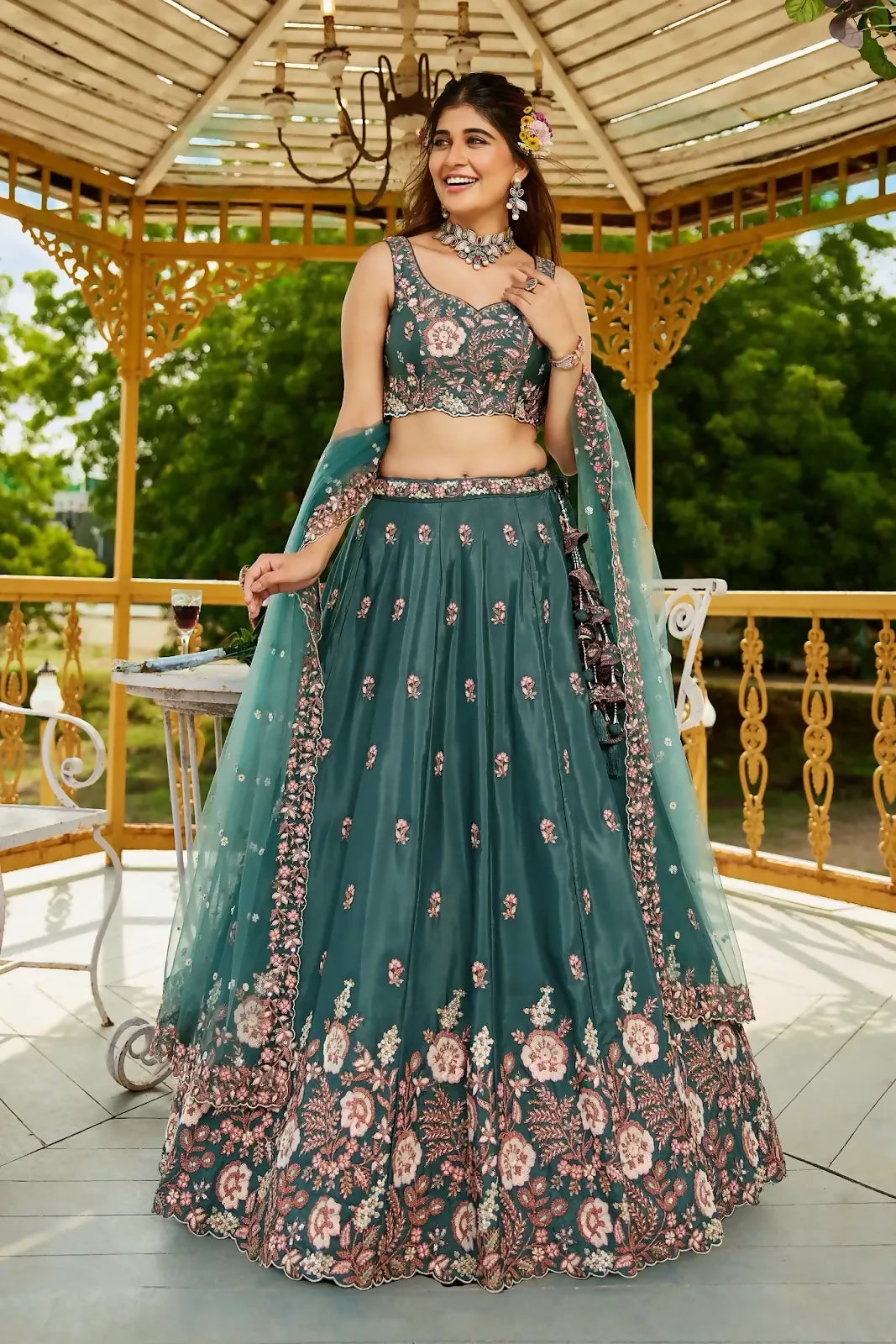Jihu Culture Women’s Semi-Stitched Teal Green Zari Sequence Thread Embroidery Work Lehenga Choli With Net Dupatta - Dista