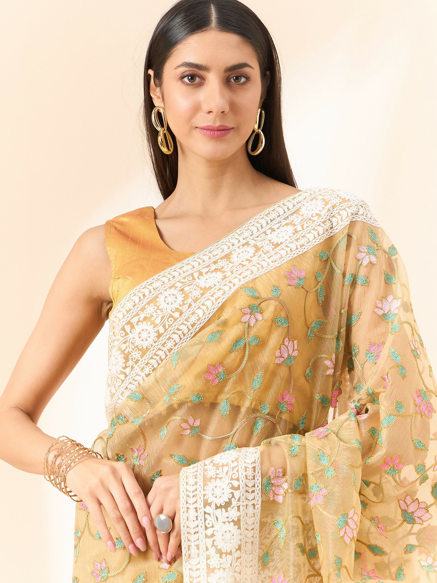 Beige Organza Floral Embroidered Saree with Unstitched Blouse Piece - Roozal - Distacart