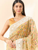 Thumbnail for Beige Organza Floral Embroidered Saree with Unstitched Blouse Piece - Roozal - Distacart
