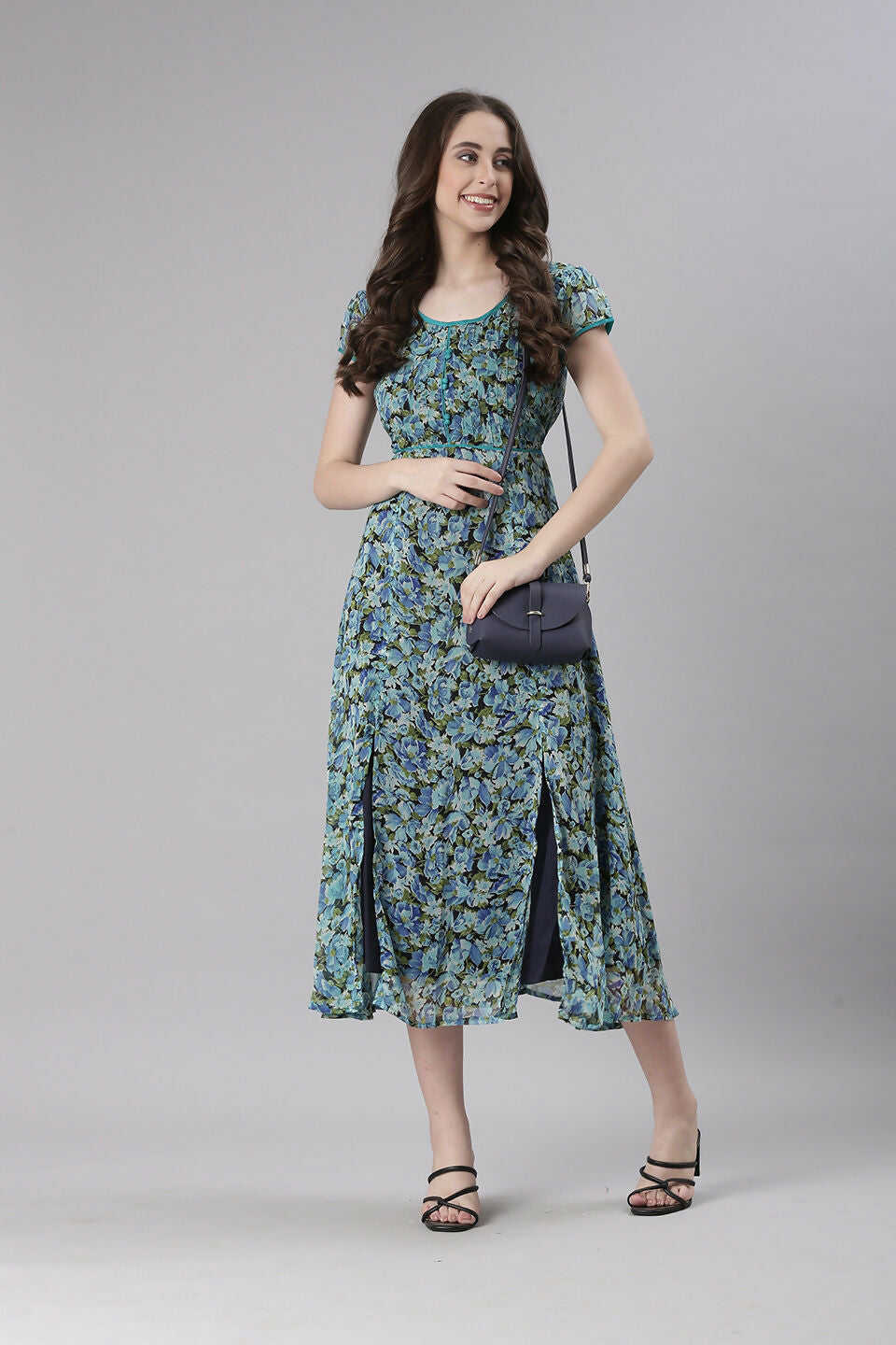 Souchii Teal & Blue Floral Printed Fit & Flare Dress