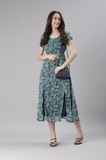 Thumbnail for Souchii Teal & Blue Floral Printed Fit & Flare Dress