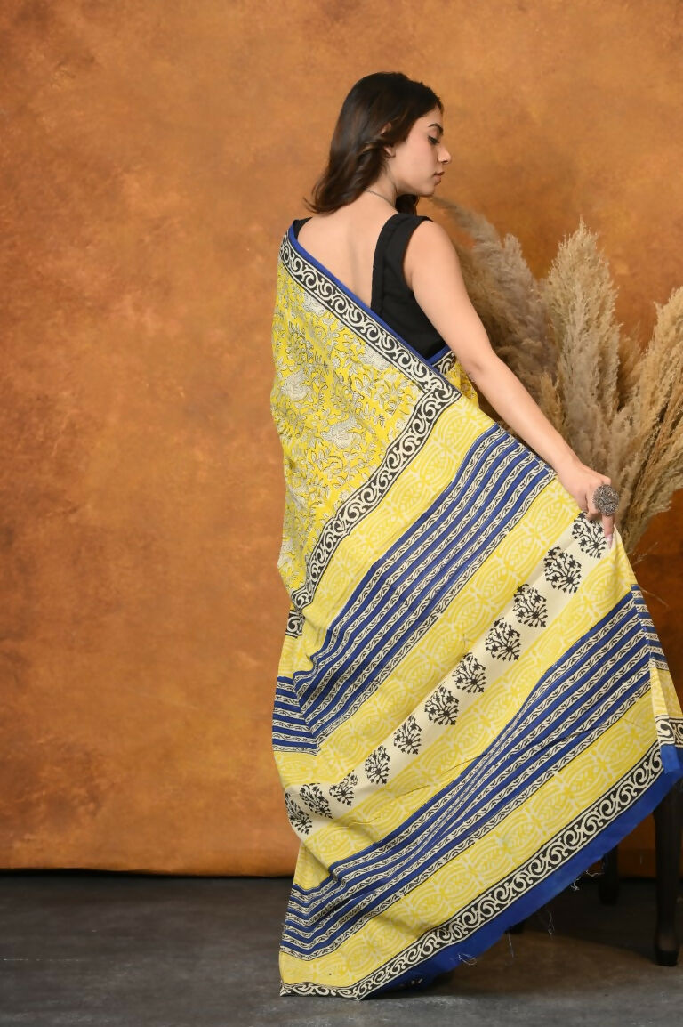 Very Much Indian Handblock Printed Cotton Saree With Natural Dyes - Green - Distacart