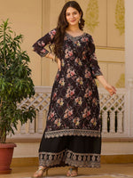 Thumbnail for The52 Black Women's Gorgeous Embroidered Chinon Fabric Straight Kurta Palazzo and Dupatta Set - Distacart