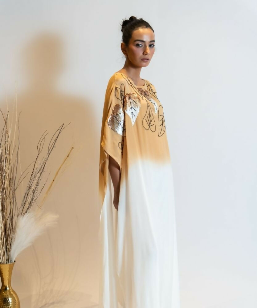 Timaraa Camel Beige To Ivory Ombre Embellished Kaftan Dress - Dista
