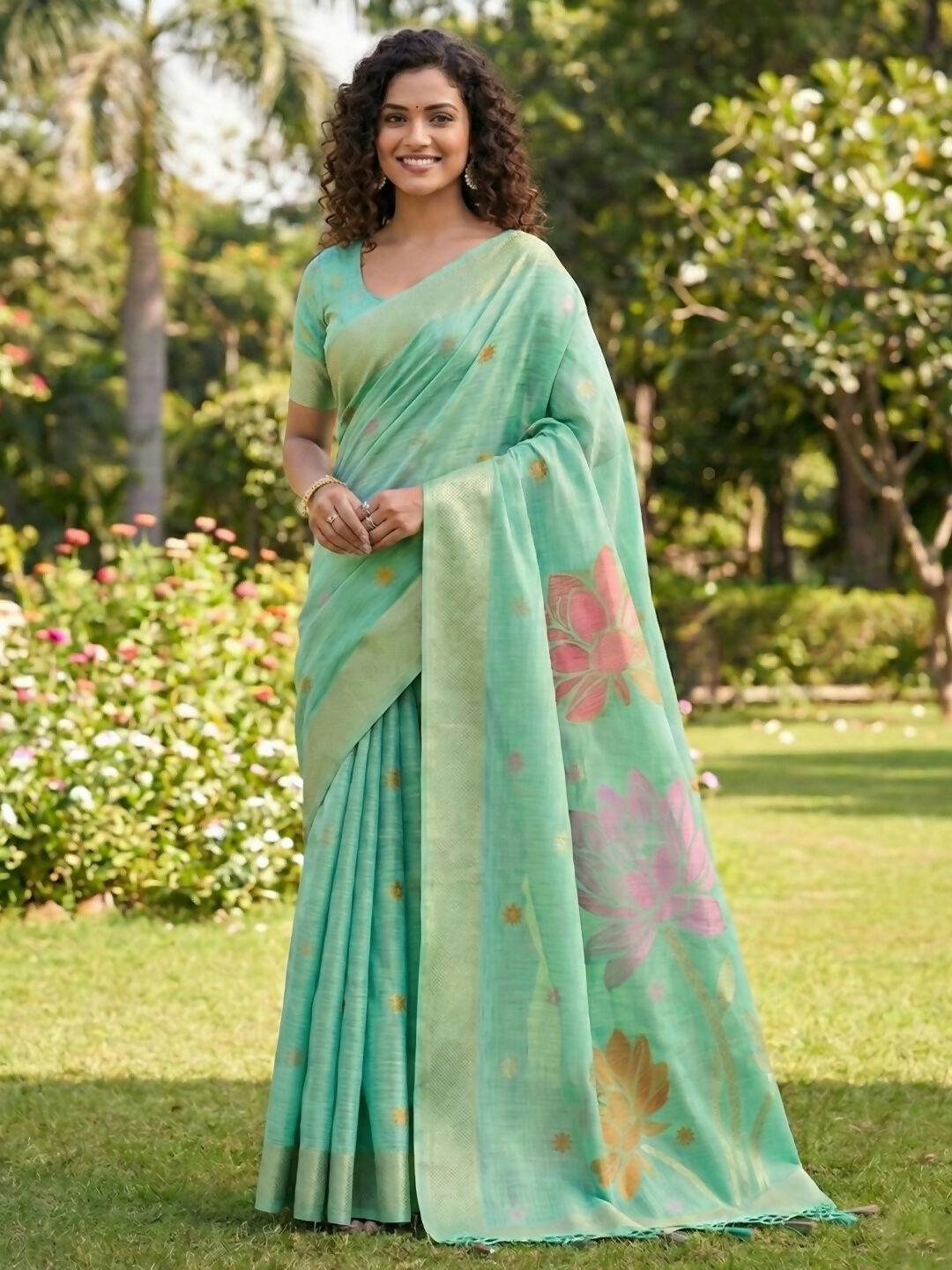 Astita Sea Green Linen Cotton Saree - Distacart