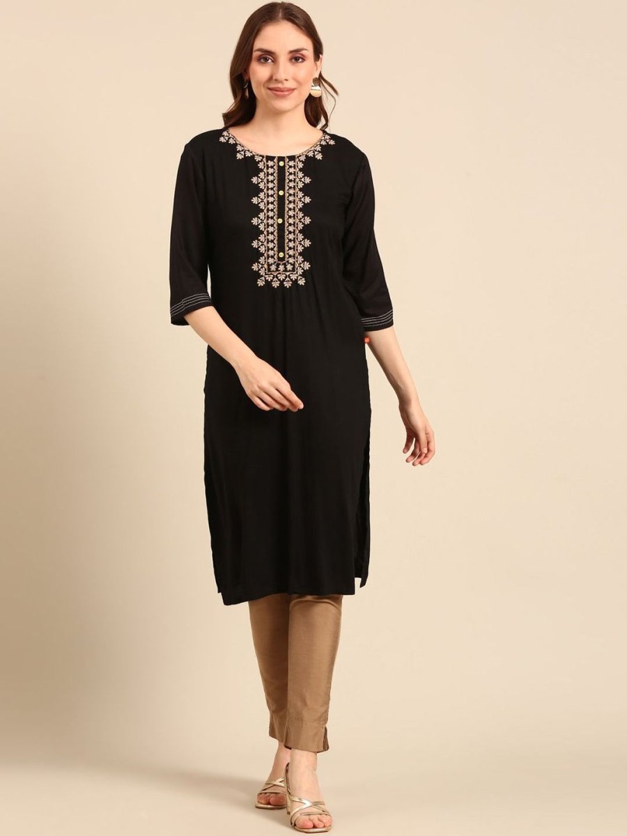 Anouk Floral Embroidered Round Neck Pure Cotton Straight Kurta