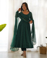 Thumbnail for Lehenga Mart Designer Anarkali Suit With Kurta, Pant, Dupatta For Women-Bottle Green - Distacart