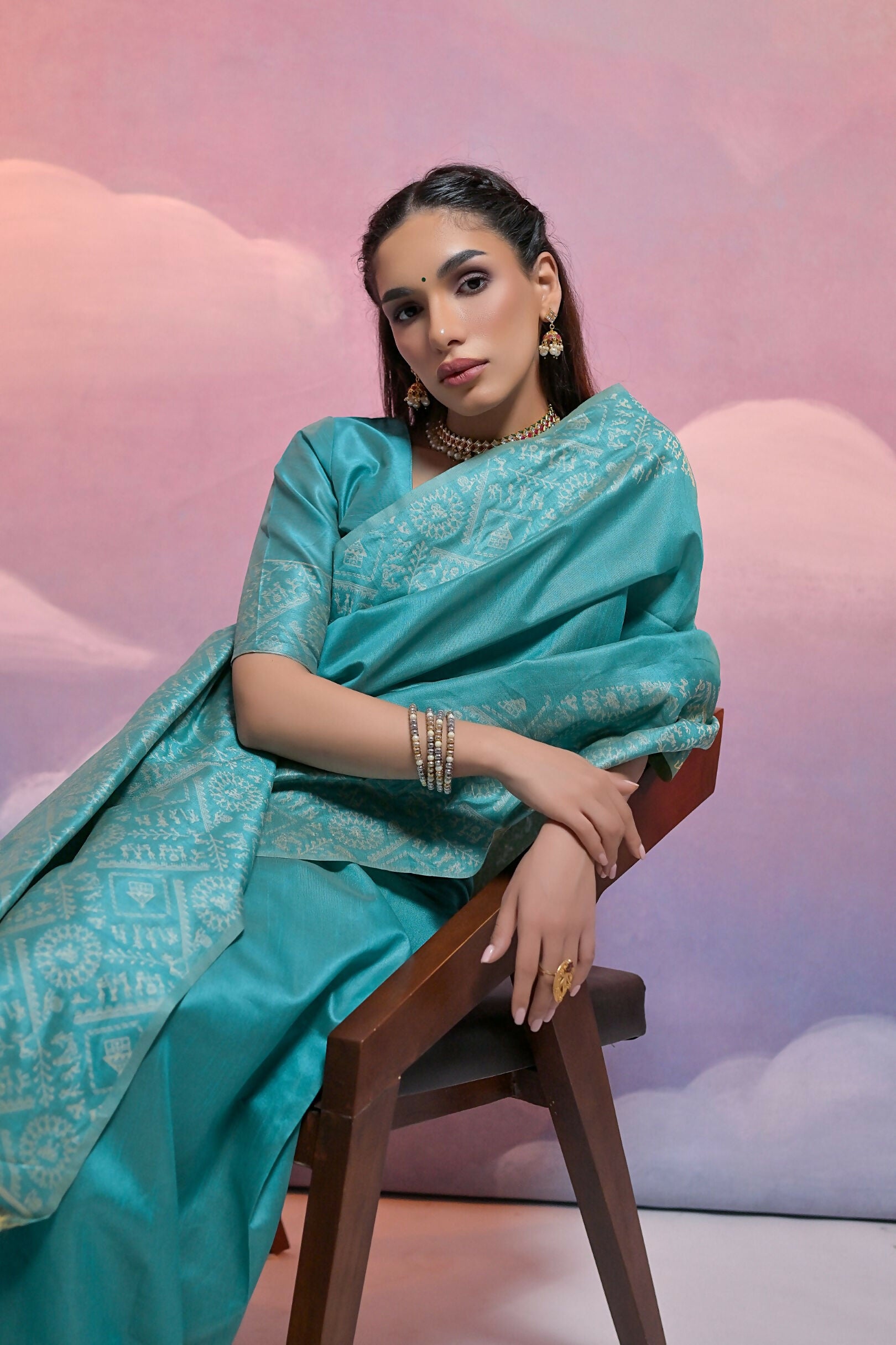 Vishnu Weaves Women's Firozi Handloom Raw Silk Woven Border Saree with Blouse - Distacart