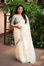Thumbnail for Blue Pure Linen Ethnic Motifs Saree with Unstitched Blouse - A2M - Distacart