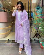 Thumbnail for The52 Lavender Women's Gorgeous Embroidered Georgette Fabric Straight Kurta Pant with Dupatta Set - Distacart