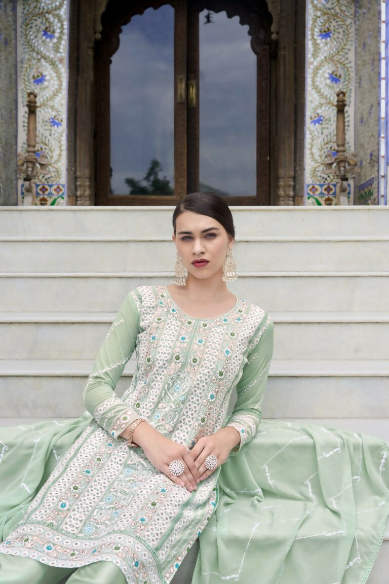 Jyoti Fashion Women's Sea Green Faux Georgette Heavy Embroidery and Moti Work Kurta Set - Distacart