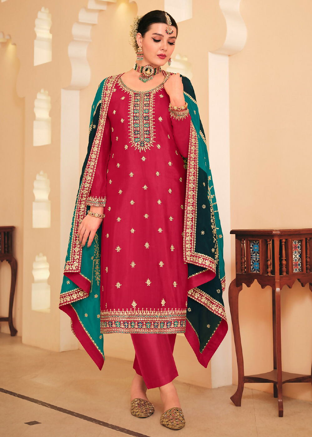 Dazzling Red Embroidered Chinnon Palazzo Salwar Kurta - Emponline - Distacart