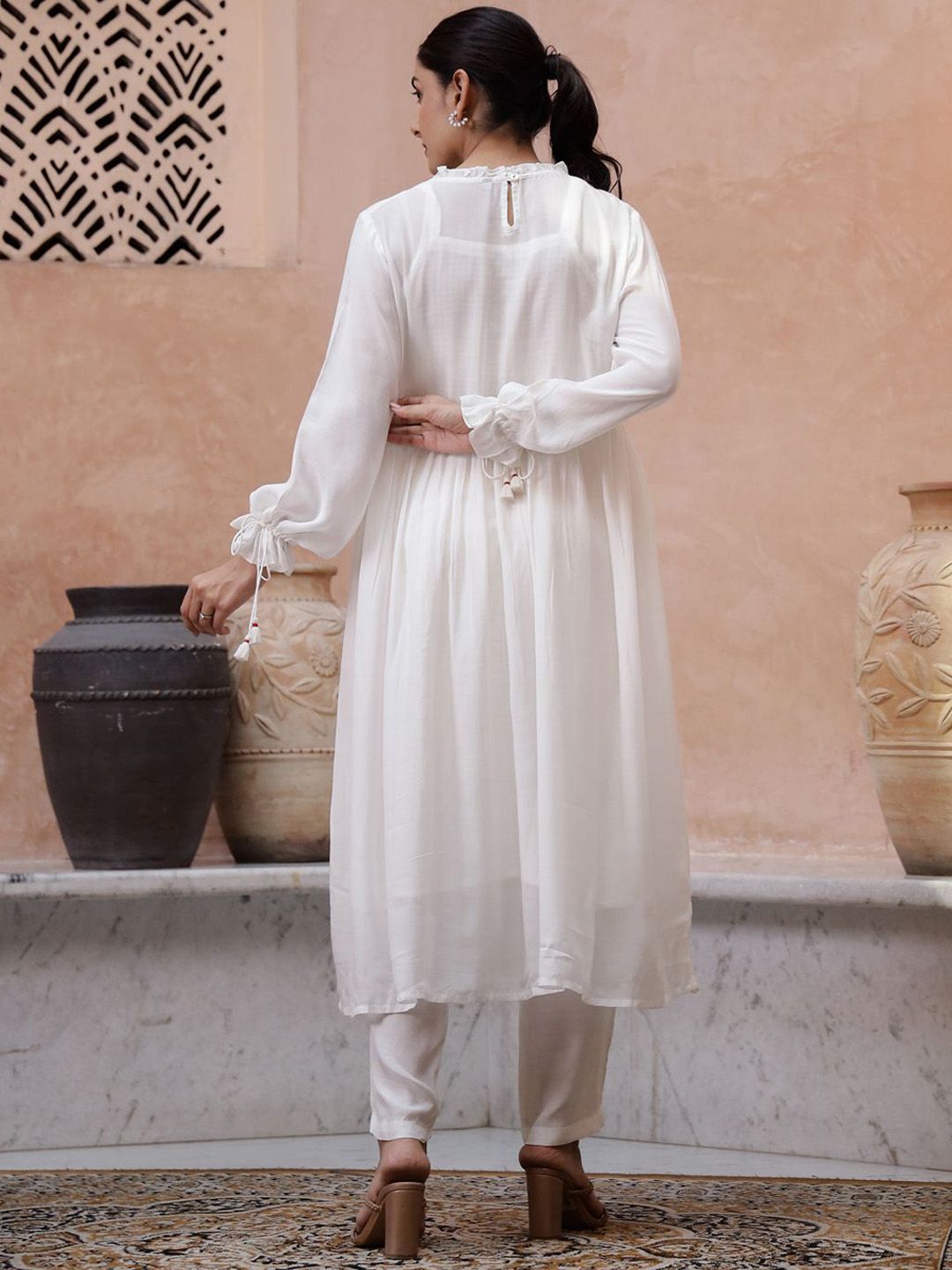 Sangria Floral Embroidered Pleated Thread Work Kurta with Trouser
