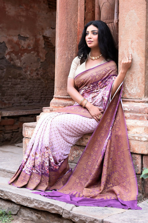 Joban Fashion Dark And Light Lilac Crepe Chiffon Pure Handloom Banarasi Silk Saree