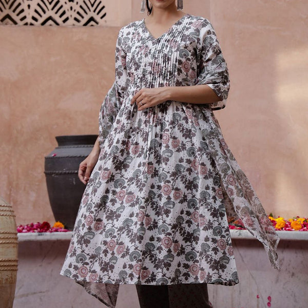 Sangria Off White Floral Printed Pure Cotton Kurta & Trouser With Dupatta - Distacart