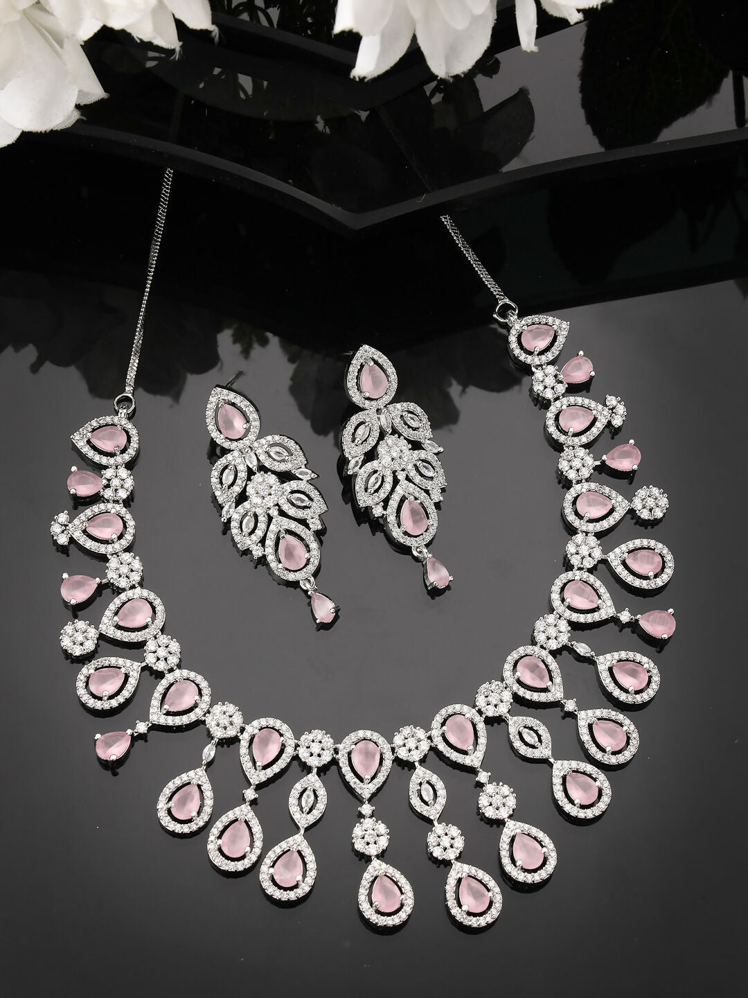 NVR Women's silver plated & Pink CZ stone handcrafted jewellery set - Distacart