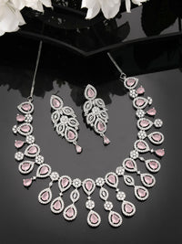Thumbnail for NVR Women's silver plated & Pink CZ stone handcrafted jewellery set - Distacart