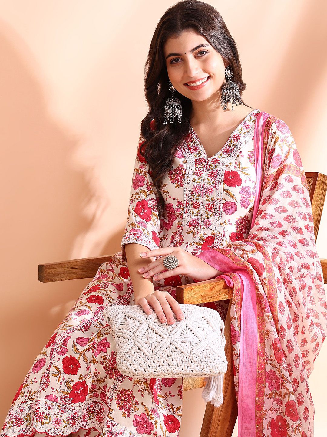 Ode by House of Pataudi Thread Work Pure Cotton Anarkali Kurta with Trousers & Dupatta - Distacart