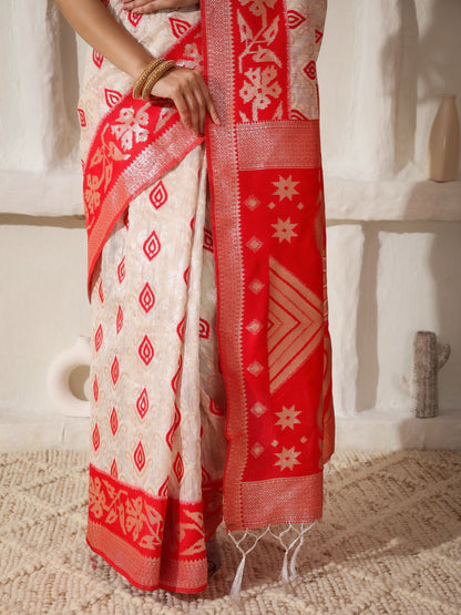 Shree Shyam Fashion Linen Cotton Red & White Saree - Distacart