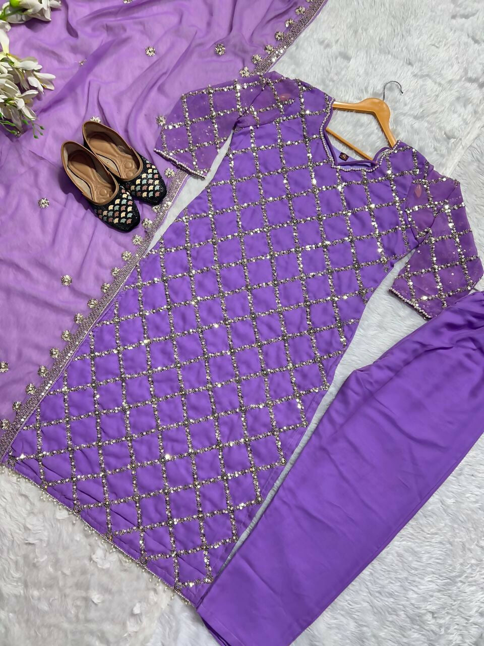 Preksha Creation Indian Festival Special Women Faux Georgette Sequence Embroidered Work Top And Pant With Dupatta - Lavender - Distacart