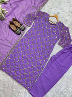 Thumbnail for Preksha Creation Indian Festival Special Women Faux Georgette Sequence Embroidered Work Top And Pant With Dupatta - Lavender - Distacart