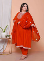 Thumbnail for Miravan Womens Plus Size Floral Embroidered Rust Straight Cotton Kurta & Palazzo With Dupatta Set - Distacart