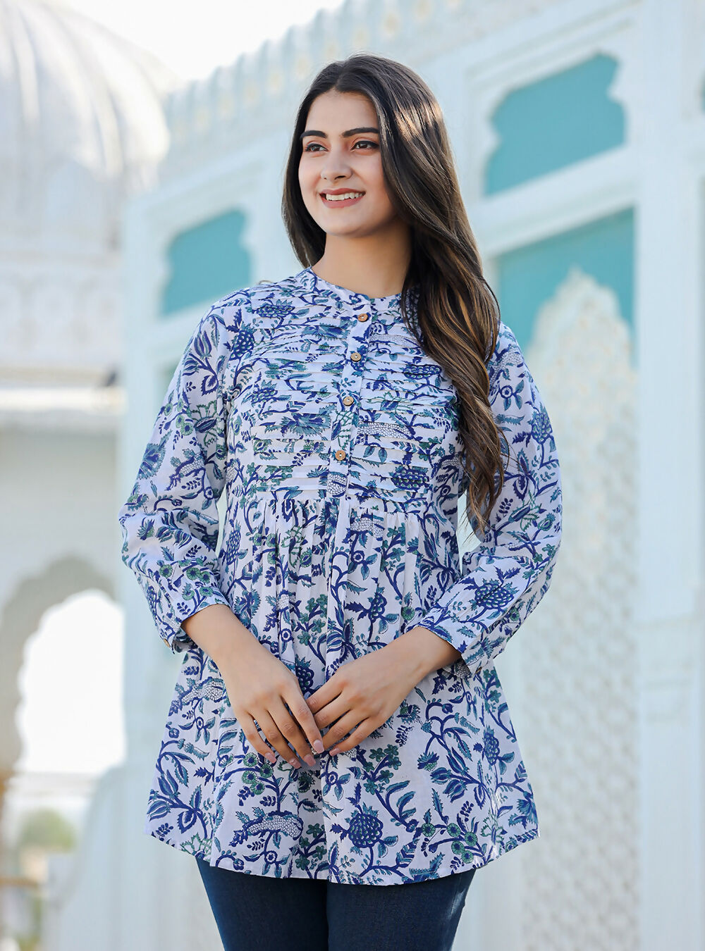 Kaajh Women's White-Blue Hand Block Printed Cotton Top - Distacart