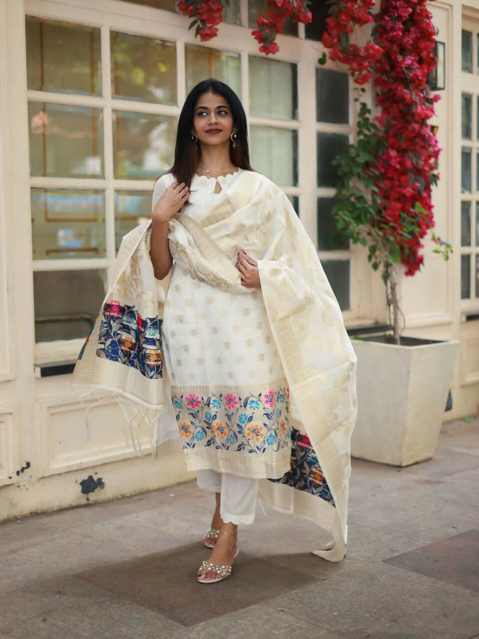 The52 White Women's Beautiful Viscose Jacquard Fabric Printed Work Straight Kurta Pant and Dupatta Set - Distacart