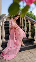 Thumbnail for The52 Pink Women's Beautiful Chanderi Fabric Printed Work Straight Kurta Pant and Dupatta Set - Distacart
