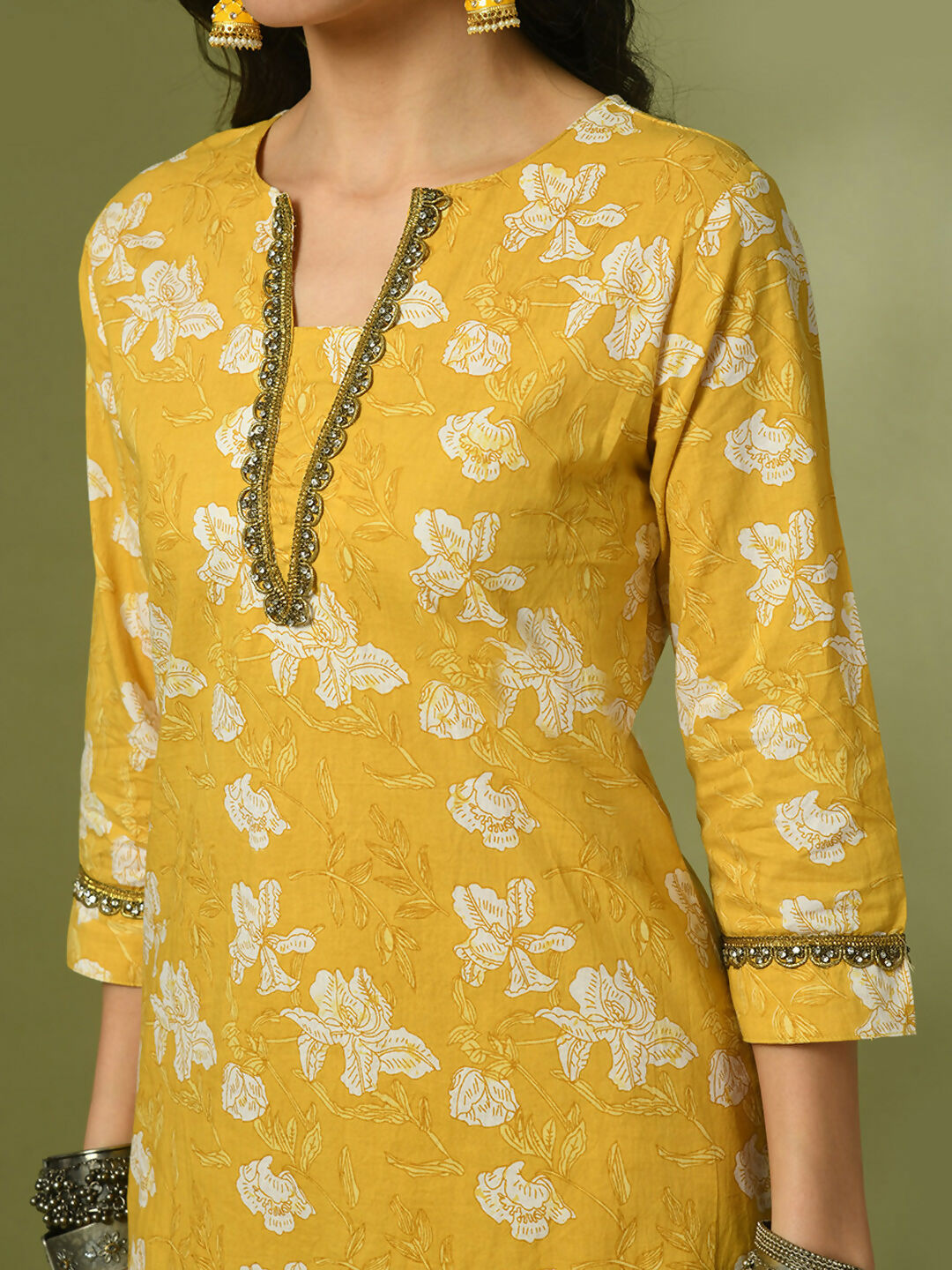 Myshka Women's Yellow Printed Cotton Straight Party Kurta Set - Distacart